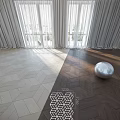 Dark Herringbone Wood Flooring In Bright Interior Space With Light Tiled Floor And Large Windows