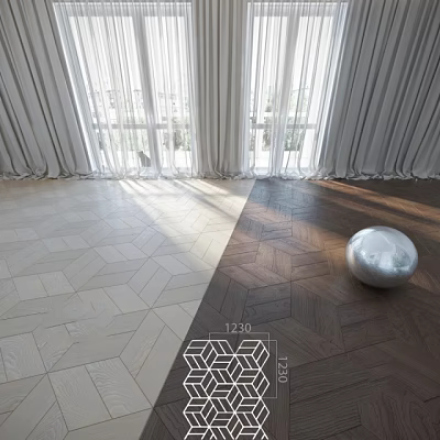 Dark Herringbone Wood Flooring In Bright Interior Space With Light Tiled Floor And Large Windows 3d model