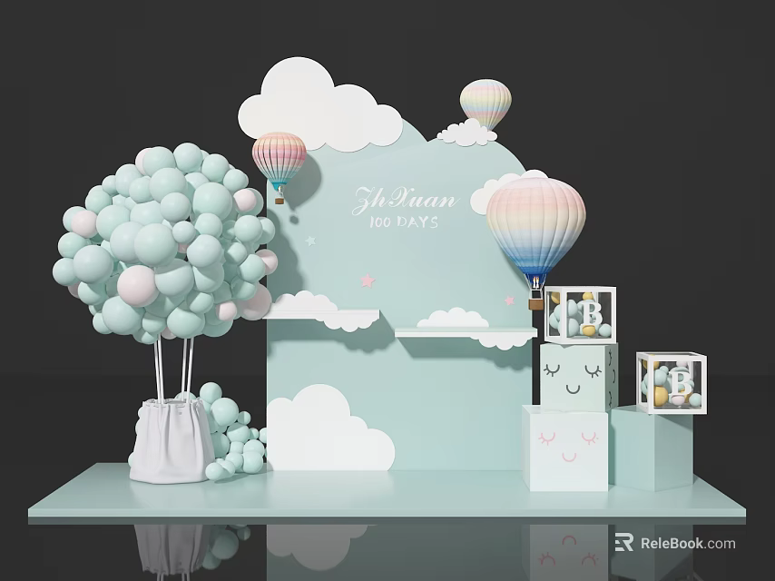 Cute Photo Check In Spot With Clouds Balloon Tree And Hot Air Balloons 3d model 