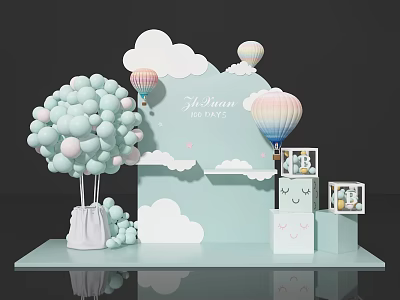Cute Photo Check In Spot With Clouds Balloon Tree And Hot Air Balloons 3d model