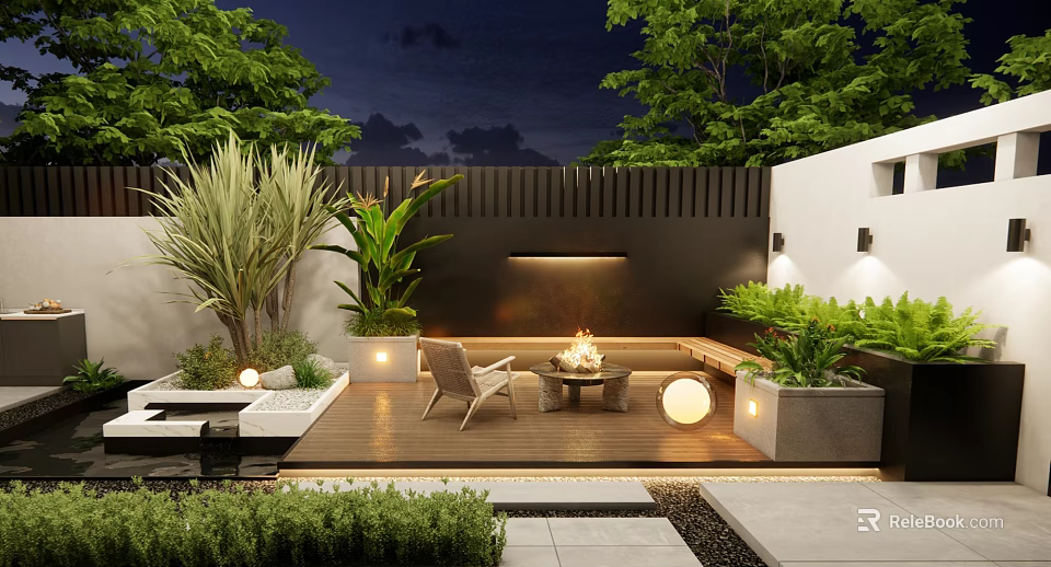 Evening Courtyard Garden with Wooden Deck Fire Pit Seating Lush Green Plants and Round Lighting 3d model 