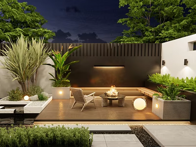 Evening Courtyard Garden with Wooden Deck Fire Pit Seating Lush Green Plants and Round Lighting 3d model