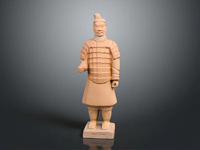 Ancient Terracotta Sculpture of Standing Soldier With Intricate Armor And Pedestal Base 3d model