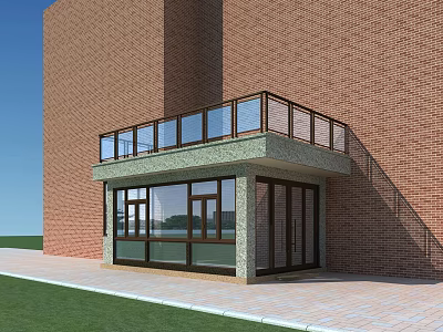 Red Brick Building Exterior Wall Featuring Glass Railing Balcony Ground Floor Windows And Lawn 3d model