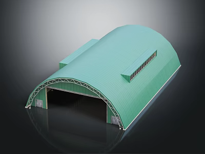 Green Arched Industrial Shed Structure With Large Entrance Metal Frame And Roof Windows 3d model
