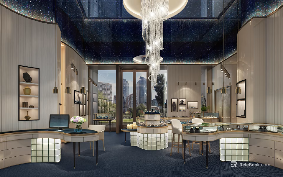 Luxury Modern Jewelry Store Interior Design With Elegant Display Cases And Crystal Chandelier Lighting 3d model 