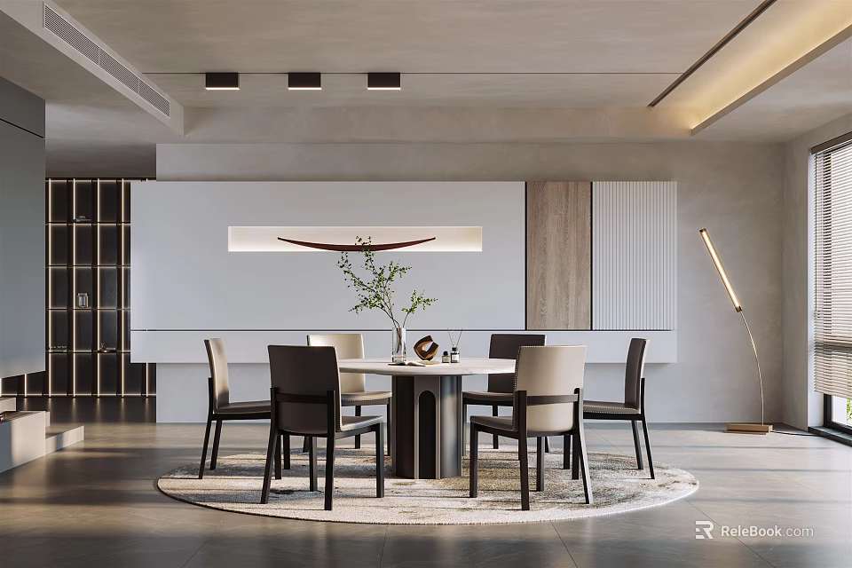 Modern Restaurant Interior With Round Dining Table Pendant Light And Comfortable Chairs 3d model