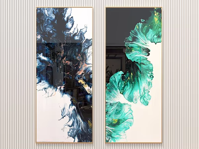 Abstract Vertical Decorative Paintings With Blue Black Green Patterns And Gold Frames 3d model
