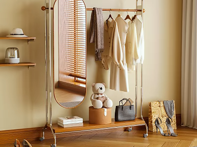 Stylish Clothes Rack With Hanging Clothes Mirror Teddy Bear Handbag And Shoes 3d model