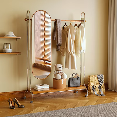 Stylish Clothes Rack With Hanging Clothes Mirror Teddy Bear Handbag And Shoes 3d model