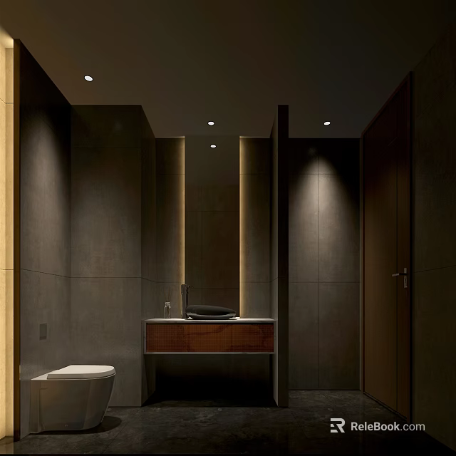 Modern Hotel Bathroom Interior With Dark Gray Walls Wooden Vanity And Recessed Lighting 3d model 
