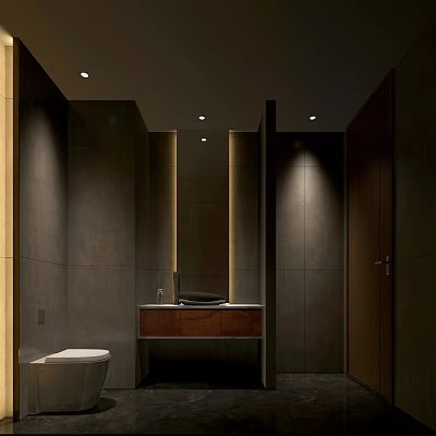 Modern Hotel Bathroom Interior With Dark Gray Walls Wooden Vanity And Recessed Lighting 3d model