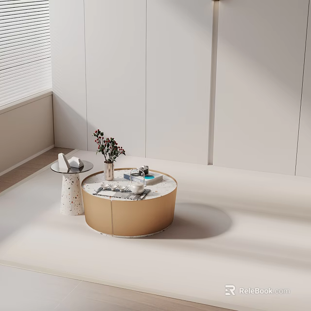 Modern Sofa Coffee Table Set With Round Coffee Table Side Table And Decorative Items 3d model 