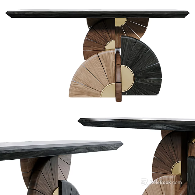 Elegant Console Table With Wooden Fan Shaped Elements And Black Tabletop 3d model 