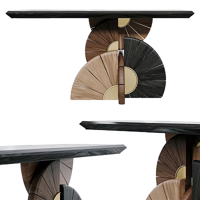 Elegant Console Table With Wooden Fan Shaped Elements And Black Tabletop 3d model