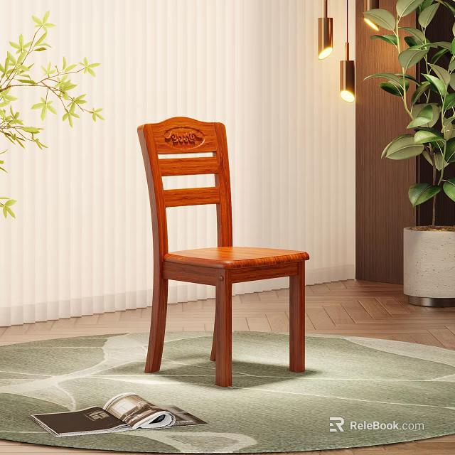 Brown Wooden Dining Chair With Carved Backrest On Light Patterned Carpet And Green Plants 3d model 
