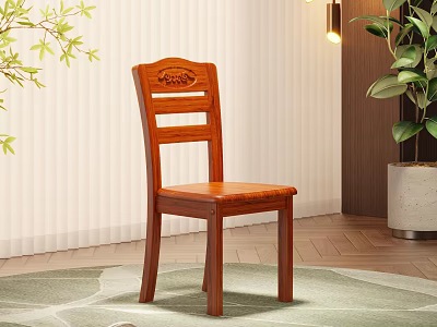 Brown Wooden Dining Chair With Carved Backrest On Light Patterned Carpet And Green Plants 3d model