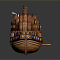 Cartoon Scene of Wooden Castle Ship with Towers Colorful Windows and Ropes