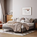 Modern Bedroom Interior With Gray Bed Pillows Blanket Wooden Dresser Rug And Framed Art