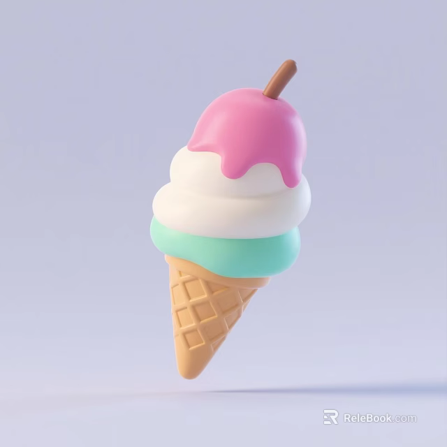 Colorful Ice Cream Cone With Pink Top White Light Green Cream Layers And Brown Waffle 3d model 