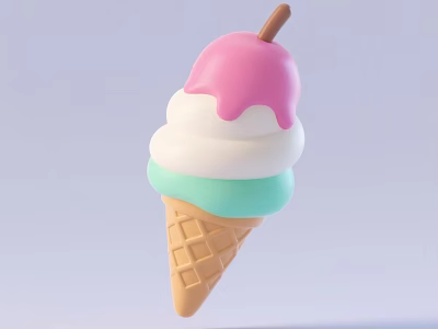 Colorful Ice Cream Cone With Pink Top White Light Green Cream Layers And Brown Waffle 3d model
