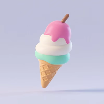 Colorful Ice Cream Cone With Pink Top White Light Green Cream Layers And Brown Waffle 3d model