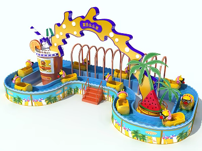 Colorful Water Amusement Rides With Yellow Boats Palm Trees And Watermelon Decorations 3d model