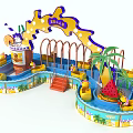 Colorful Water Amusement Rides With Yellow Boats Palm Trees And Watermelon Decorations