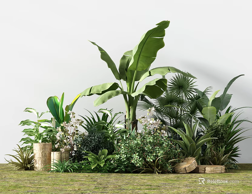Lush Mixed Green Plants On Grass Ground With Banana Leaves Palm And White Flowers 3d model 