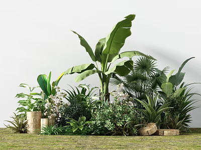 Lush Mixed Green Plants On Grass Ground With Banana Leaves Palm And White Flowers 3d model