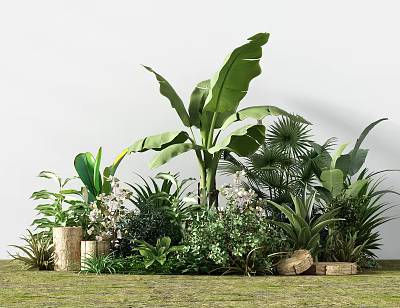 Lush Mixed Green Plants On Grass Ground With Banana Leaves Palm And White Flowers 3d model