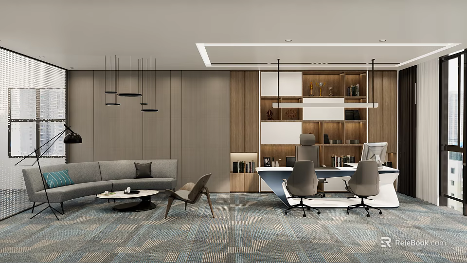 Modern Office Interior Design With Sofa Coffee Table Office Chairs Bookshelves And Pendant Lights 3d model 