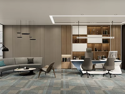 Modern Office Interior Design With Sofa Coffee Table Office Chairs Bookshelves And Pendant Lights 3d model