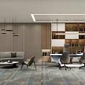 Modern Office Interior Design With Sofa Coffee Table Office Chairs Bookshelves And Pendant Lights