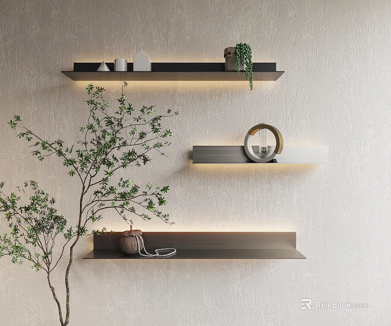 Modern Interior Wall Cabinets With Floating Shelves Decorative Plants And Soft Lighting 3d model