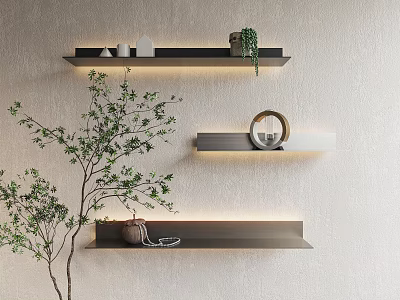 Modern Interior Wall Cabinets With Floating Shelves Decorative Plants And Soft Lighting 3d model