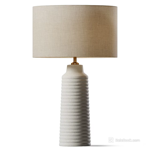 Stylish Table Lamp With White Striped Base Golden Connector And Beige Fabric Shade 3d model 