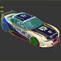 Blue And White Racing Car With CAT BMW Logos Gold Wheels And Green Windows