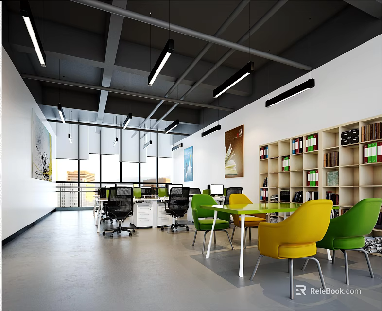 Bright Modern Public Office Interior With Open Layout Colorful Chairs And Bookshelves 3d model 
