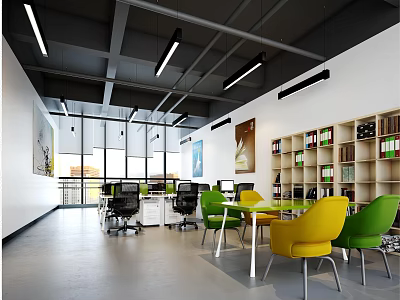 Bright Modern Public Office Interior With Open Layout Colorful Chairs And Bookshelves 3d model
