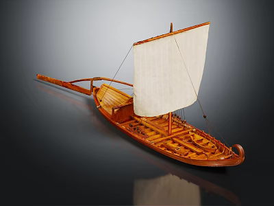 Wooden Sailboat Model with White Sail Carved Hull Details on Dark Background with Reflection 3d model