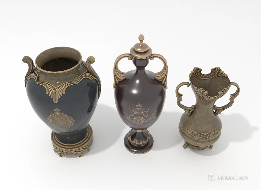 Three Elegant Dark Colored Vases with Gold Accents Handles Lids and Decorative Bases 3d model 