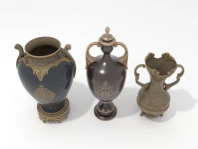 Three Elegant Dark Colored Vases with Gold Accents Handles Lids and Decorative Bases 3d model