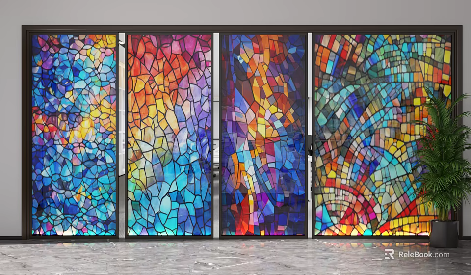 Colorful Mosaic Glass Room Dividers With Vibrant Stained Glass Patterns And Modern Design 3d model 