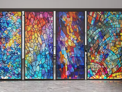Colorful Mosaic Glass Room Dividers With Vibrant Stained Glass Patterns And Modern Design 3d model