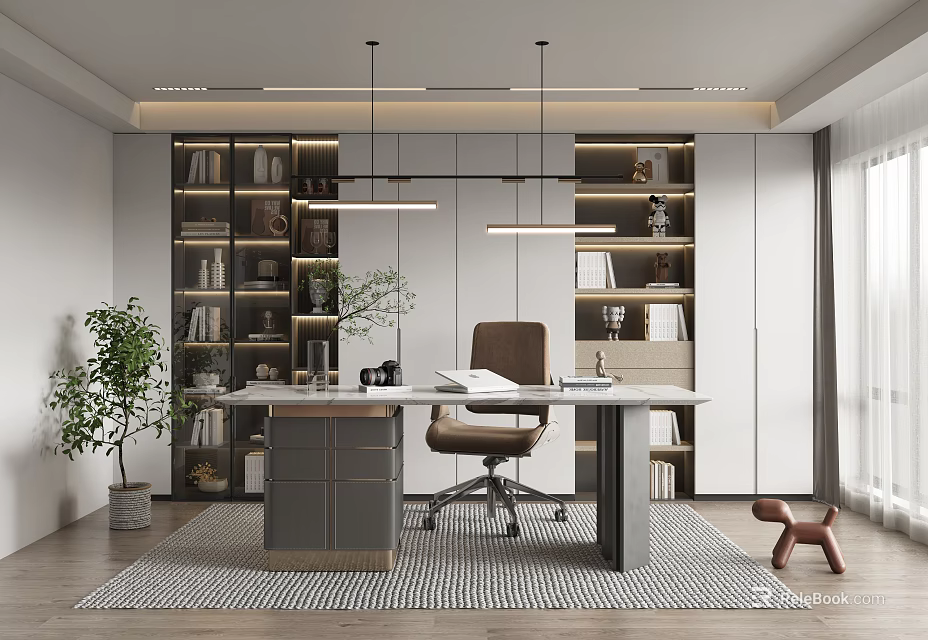 Modern Study Room Interior Design With Bookshelves Writing Desk Ergonomic Chair And Indoor Plant 3d model 