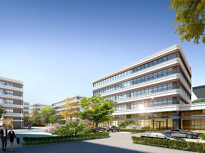 Modern Commercial Office Buildings Exterior With Landscaping Pedestrians And Cars 3d model
