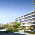 Modern Commercial Office Buildings Exterior With Landscaping Pedestrians And Cars