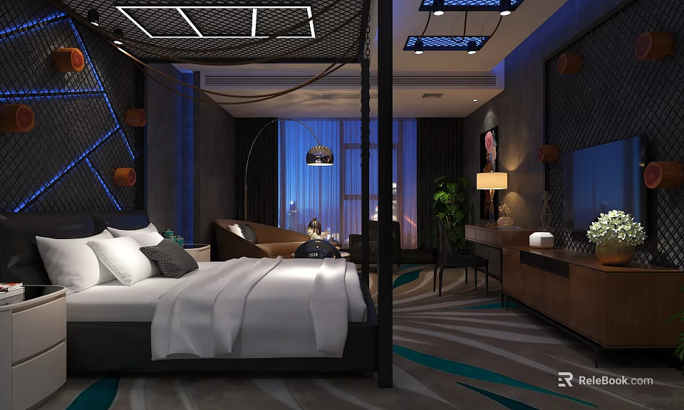 Luxury Hotel Room Interior Featuring Four Poster Bed White Bedding And Night View Window 3d model 