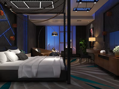 Luxury Hotel Room Interior Featuring Four Poster Bed White Bedding And Night View Window 3d model